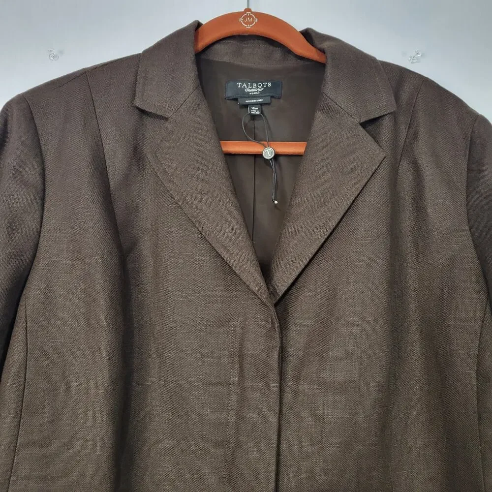 Talbots Pure Irish Linen Blazer size 18W Brown Office Career Wear Minimalist New